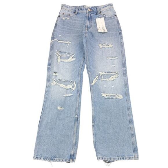 NWT ZARA Low Rise Super Wide Leg Jeans Size 0 Destroyed DIstressing Detail - Picture 2 of 10